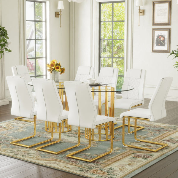 English Elm Table and Chair Set 8 Seater Oval Glass Dining with Glamorous Gold Base Modern Luxe Transparent,White+Gold W1151S04725