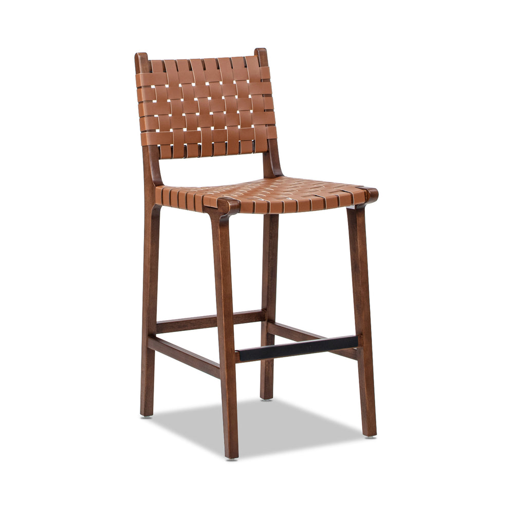 English Elm Jennifer Taylor Home - Andre Woven Leather Counter Stool 26" with Back in Pecan Brown Faux Leather, Rubberwood Frame & Brass Kickplate B2719P292909