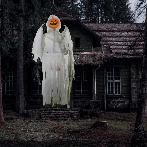 English Elm Homcom Hanging Pumpkin Ghost Halloween Prop with Glowing Eyes and Howling Sound Sensor W2225P229717
