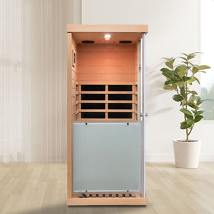 English Elm Large Hemlock Wood Infrared Sauna with Glass Front Bluetooth Audio and Red Light Therapy W2611P204516