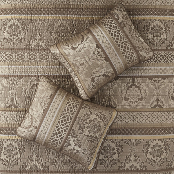 English Elm 6 Piece Bellagio Jacquard Quilt Set Reversible Full/Queen with Embroidered Leaf Motifs & Pillows Brown+Gold 22.44 L x 17.32 W x 12.2 H B03597483
