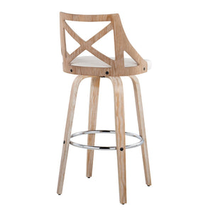 English Elm Fixed-height Swivel Barstools Whitewashed Wood Faux Leather Seat Chrome Footrest Set 2 B202S01890