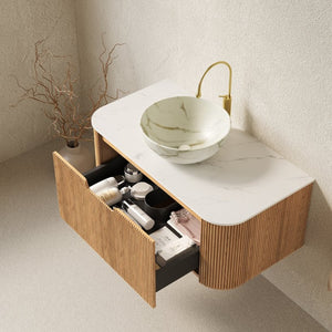 English Elm Dina Floating Bathroom Vanity Sintered Stone Top Glass Basin Striped Plywood Cabinet W2615S00694