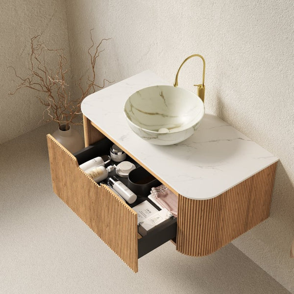 English Elm Dina Floating Bathroom Vanity Sintered Stone Top Glass Basin Striped Plywood Cabinet W2615S00694