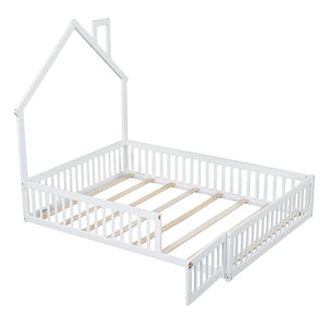 English Elm Wood House Platform Bed Full Size with Guardrail & Playful Frame, Sturdy Pine, Kid-Safe Design White N709P171852K