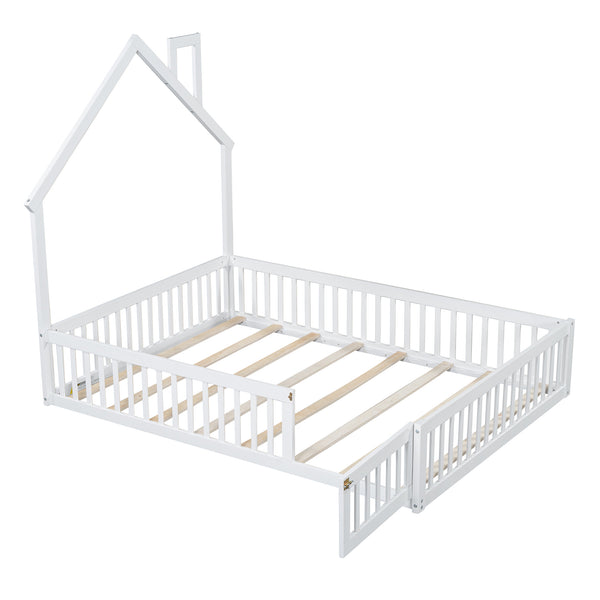 English Elm Wood House Platform Bed Full Size with Guardrail & Playful Frame, Sturdy Pine, Kid-Safe Design White N709P171852K