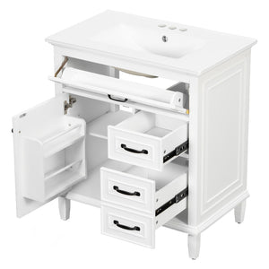 English Elm 30 Inch Freestanding Bathroom Vanity Solid Pine Cabinet Ceramic Sink Top Storage White N725P412782K