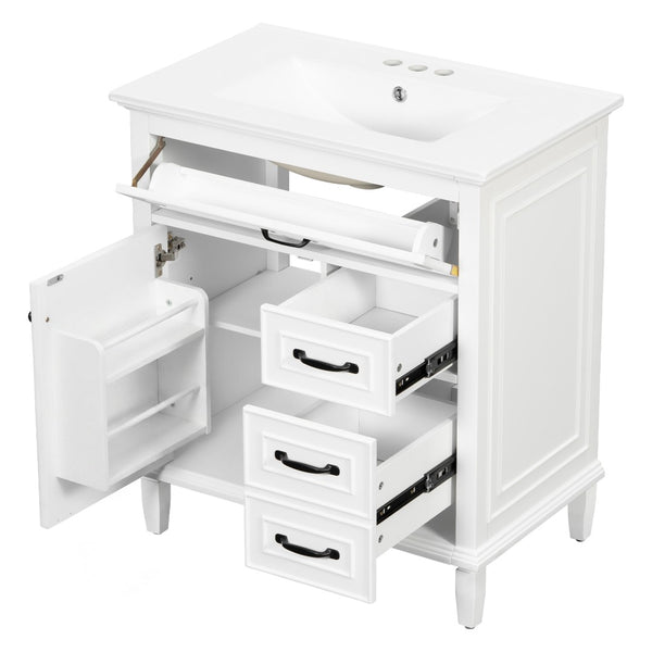 English Elm 30 Inch Freestanding Bathroom Vanity Solid Pine Cabinet Ceramic Sink Top Storage White N725P412782K