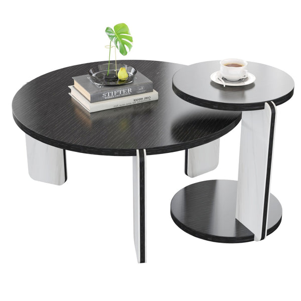 English Elm Set of 2 Round Sintered Stone Nesting Tables Sleek Modern Accent for Living Rooms W2899P405894