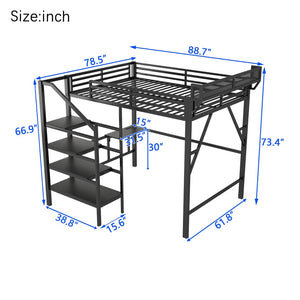 English Elm Queen Metal Loft Bed with Staircase Storage Foldable Desk and Built-in Charging W2580S00073