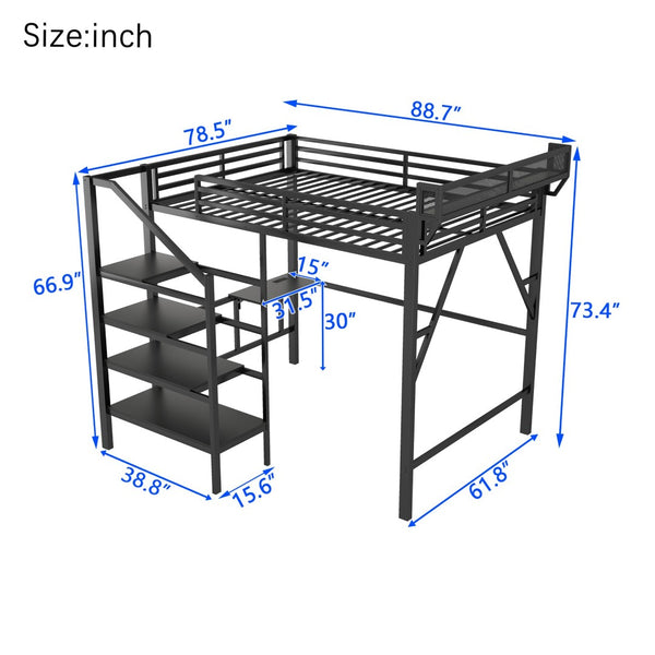 English Elm Queen Metal Loft Bed with Staircase Storage Foldable Desk and Built-in Charging W2580S00073