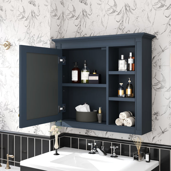 English Elm 30'' Modern Medicine Cabinet Wall Mirror with Hidden Storage and Adjustable Open Shelves for Bath Blue WF318452AAC