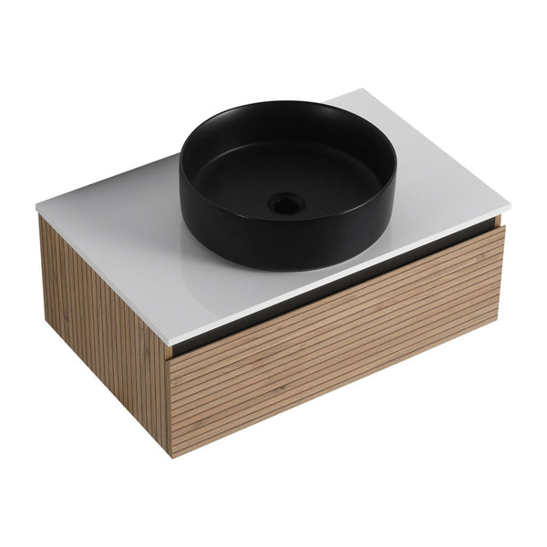 English Elm 30'' Floating Wall Mounted Vanity Hand Painted Ceramic Vessel Sink Soft Close Drawer W999S00360