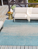 Unique Loom Outdoor Modern Ombre Machine Made Abstract Rug Aqua, Ivory/Gray 10' 8" x 10' 8"