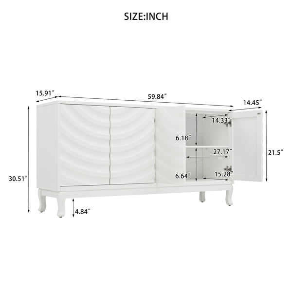 English Elm Elegant Modern Sideboard with Wavy Arched Groove Doors, Adjustable Shelves, MDF Wood Legs, 63.4" L W2696P256249