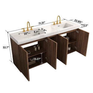 English Elm Galan 72 Inch Double Sink Vanity Fluted Wood Quartz Top Freestanding Bathroom Cabinet Walnut Brown W1865S00228