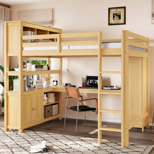 English Elm Full Size Pine Loft Bed House Frame with Slide Bookshelves and Moon Star Rails W1580S00163