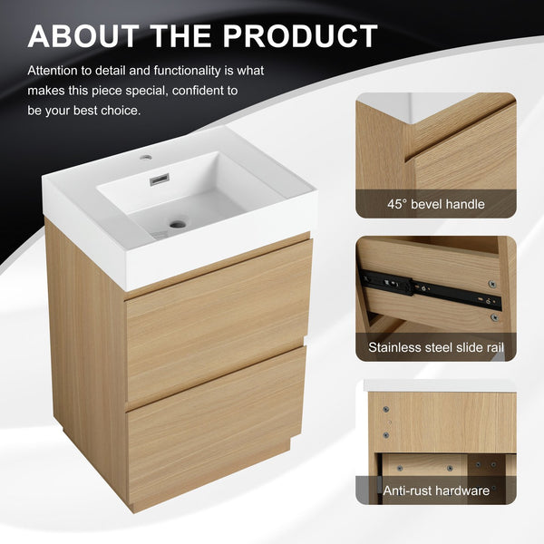 English Elm 24" Modern Bathroom Vanity with Single Undermount Sink, Engineered Wood, Waterproof Finish, 2 Drawers and Pre-Drilled Faucet Hole Oak W1972S00005