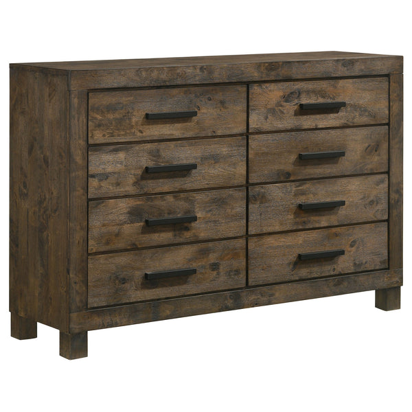 English Elm Greely Rustic Golden Brown 4-Piece Bedroom Set with Tall Headboard, Footboard Storage, Ample Drawers B062S01003