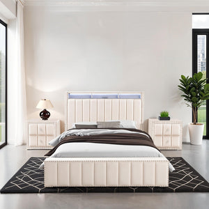 English Elm Beautiful Upholstered Full Bed with Led Lighting Storage Shelves and Channel Tufted Headboard Beige B2741S00770