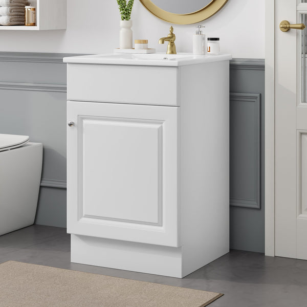 English Elm Christopher Knight Home® - 20" Bathroom Vanity with Ceramic Sink and Soft-Close Door, Gold Knob, Adjustable Shelf Storage White N759P237946K