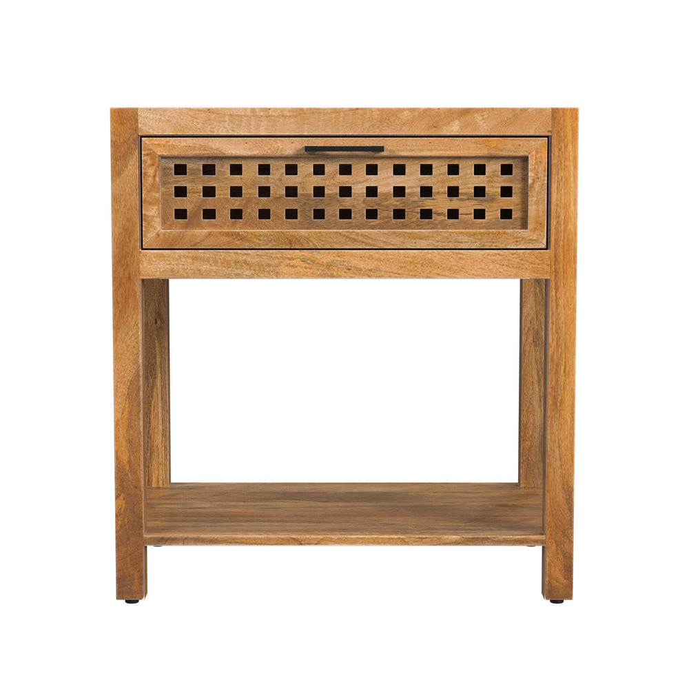 Basset Mirror Pentak Chairside End Table - Stylish Mango Wood With Fretwork Design & Industrial Iron Pull, Storage! Brown Wood 9870-lr-225