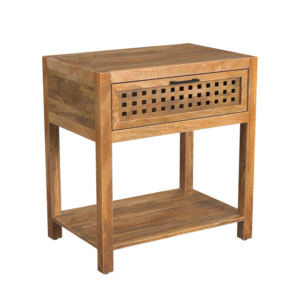 Basset Mirror Pentak Chairside End Table - Stylish Mango Wood With Fretwork Design & Industrial Iron Pull, Storage! Brown Wood 9870-lr-225