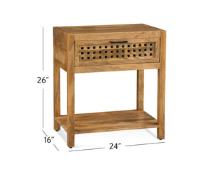 Basset Mirror Pentak Chairside End Table - Stylish Mango Wood With Fretwork Design & Industrial Iron Pull, Storage! Brown Wood 9870-lr-225