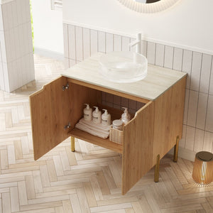English Elm Turio Freestanding Bathroom Vanity Plywood Cabinet Sintered Stone Top Glass Basin W2615S00642