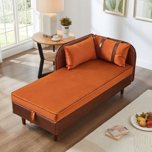 English Elm 65" Velvet Storage Chaise Lounge with Pu Leather Panels Eucalyptus Frame Accent Seat Orange+Dark Brown W1097P434116