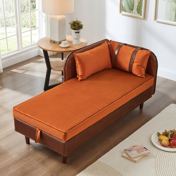 English Elm 65" Velvet Storage Chaise Lounge with Pu Leather Panels Eucalyptus Frame Accent Seat Orange+Dark Brown W1097P434116