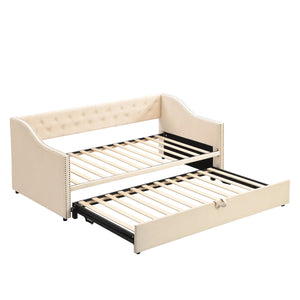 English Elm Twin Upholstered Daybed with Pop-Up Trundle, Space-Saving Guest Bed with Slats, Hydraulic Wheels, 81.9" L Beige SF000133AAA