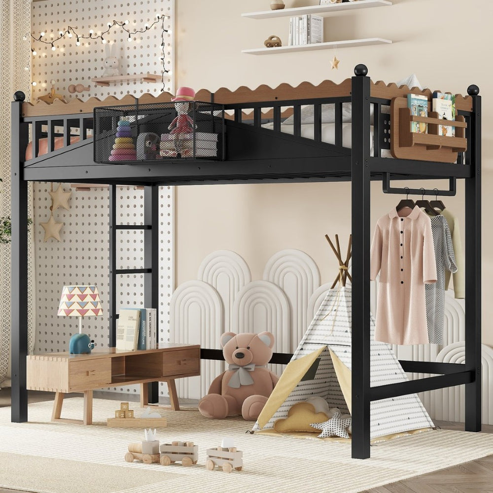 English Elm Twin Kids Platform Bed with Trundle Staircase Bookshelf and Rounded Safety Rails W1580S00380
