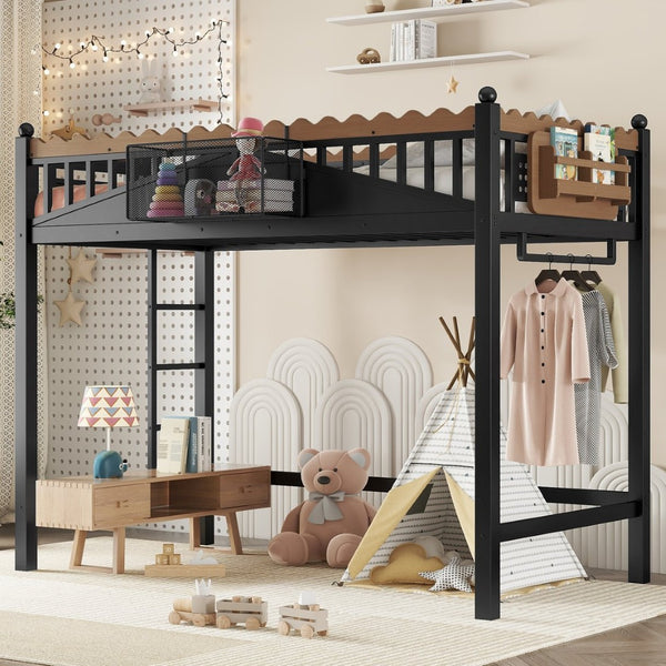 English Elm Twin Kids Platform Bed with Trundle Staircase Bookshelf and Rounded Safety Rails W1580S00380
