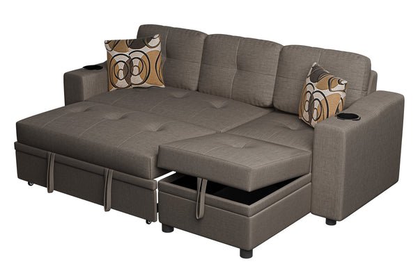 English Elm Poundex Reversible Convertible Sectional with Storage, Cup Holders, Tufted Cushions & Chaise Bed B089S00174