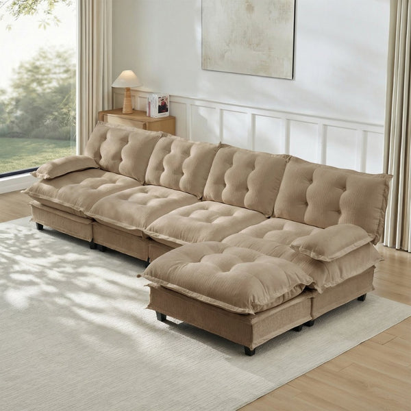 English Elm 138" Chenille Modular Cloud Sectional with Ottoman Deep Seat Lounge Sofa for Apartments Light Coffee W714S01715