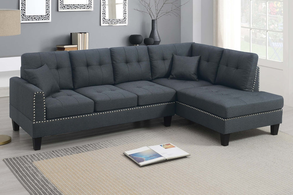 English Elm Modern Charcoal Sectional Sofa with Nailhead Trim Linen Upholstery and Accent Pillows B011S02192