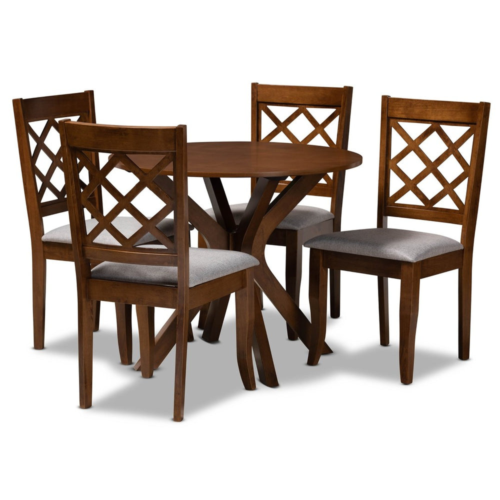 Baxton Studio Baxton Studio Jana 5-Piece Dining Set – Modern Round Table & Grey Upholstered Chairs for Comfort Jana-Grey/Walnut-5PC Dining Set