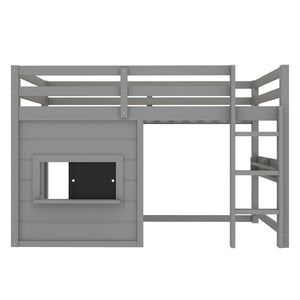 English Elm Twin Loft Bed House Frame with Sliding Chalkboard Built-in Bookshelf and Safety Rails Gray W1580S00320
