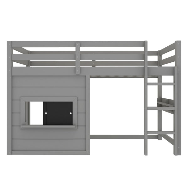 English Elm Twin Loft Bed House Frame with Sliding Chalkboard Built-in Bookshelf and Safety Rails Gray W1580S00320