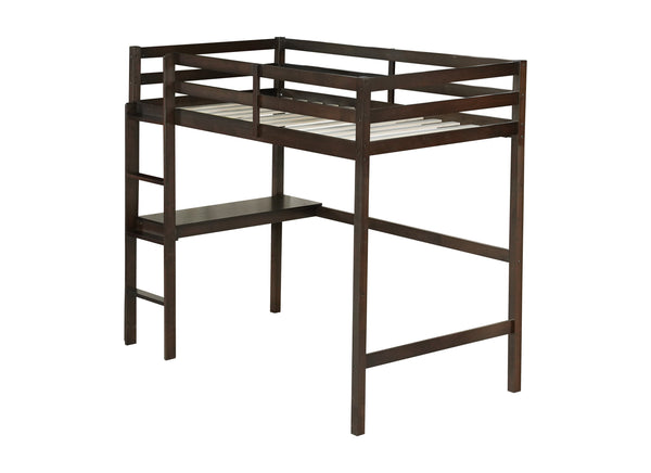 English Elm Twin High Loft Bed with Built-In Desk & Ladder, Espresso Rubberwood, Safety Guardrail, Space-Saving 90 W504P283513