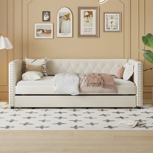 English Elm Twin Size Tufted Upholstered Daybed With Trundle, Velvet Sofabed With Rivet Design, No Box-Spring Needed,Beige