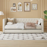 Twin Size Tufted Upholstered Daybed With Trundle, Velvet Sofabed, No Box-Spring Needed, Beige