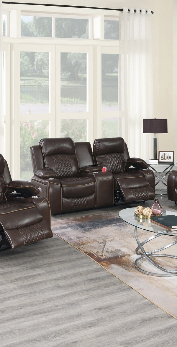 English Elm Power Motion Loveseat - Contemporary Brown Gel Leatherette With Usb, Cup Holders & Storage Arms B011S01066-GIGA