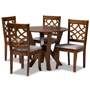 Baxton Studio Baxton Studio Alisa 5-Piece Dining Set - Modern Grey Upholstered Chairs with Walnut Circular Table Alisa-Grey/Walnut-5PC Dining Set