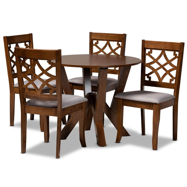 Baxton Studio Baxton Studio Alisa 5-Piece Dining Set - Modern Grey Upholstered Chairs with Walnut Circular Table Alisa-Grey/Walnut-5PC Dining Set