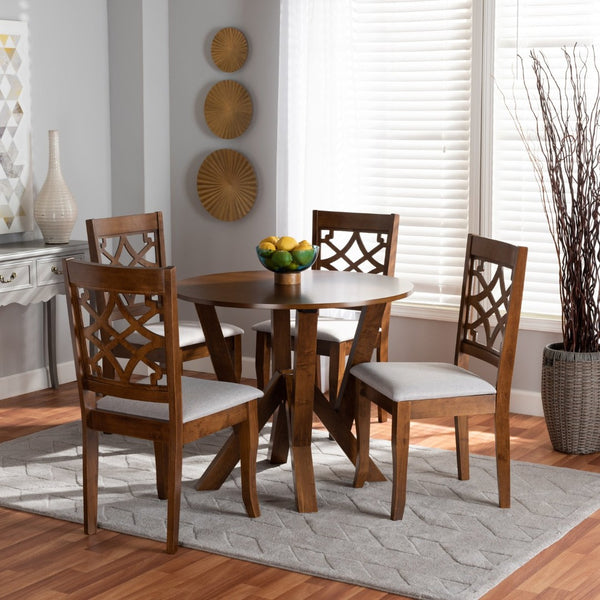 Baxton Studio Baxton Studio Alisa 5-Piece Dining Set - Modern Grey Upholstered Chairs with Walnut Circular Table Alisa-Grey/Walnut-5PC Dining Set