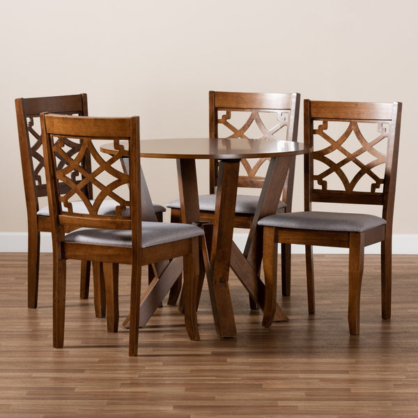 Baxton Studio Baxton Studio Alisa 5-Piece Dining Set - Modern Grey Upholstered Chairs with Walnut Circular Table Alisa-Grey/Walnut-5PC Dining Set