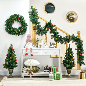 English Elm HOMCOM Prelit 4-Piece Holiday Set with 2 Entry Trees, Garland & Wreath, Warm White LEDs, Red Berries W2225P229437