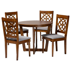 Baxton Studio Baxton Studio Valerie 5-Piece Dining Set - Modern Round Table with Stylish Grey Upholstered Chairs Ferne-Grey/Walnut-5PC Dining Set